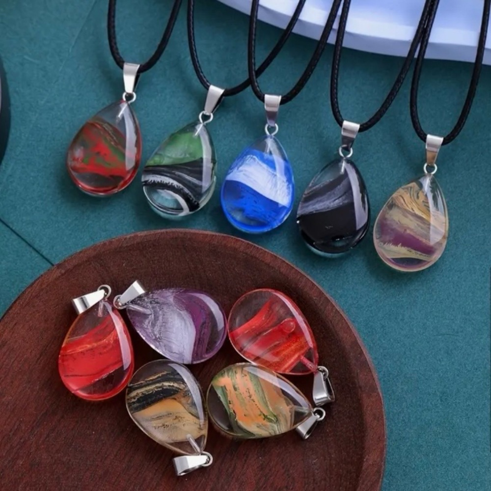 ⭐️ 5 for $25 Glass Crystal Water Droplet Pendant Necklace on a Black Cord - Picture 5 of 9